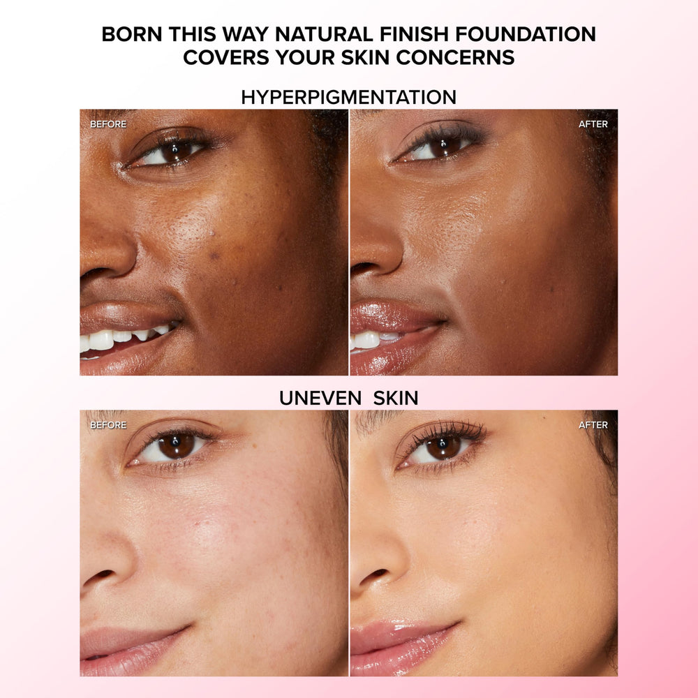 Too Faced Born This Way liquid texture close-up highlights weightless hydration.