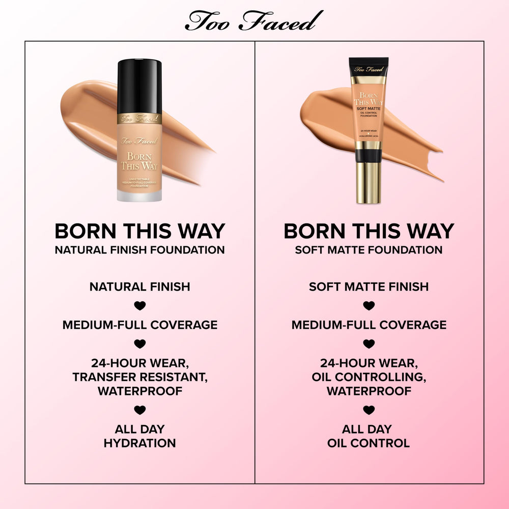 Too Faced Born This Way emphasizes even skin tone and reduced visible pores.