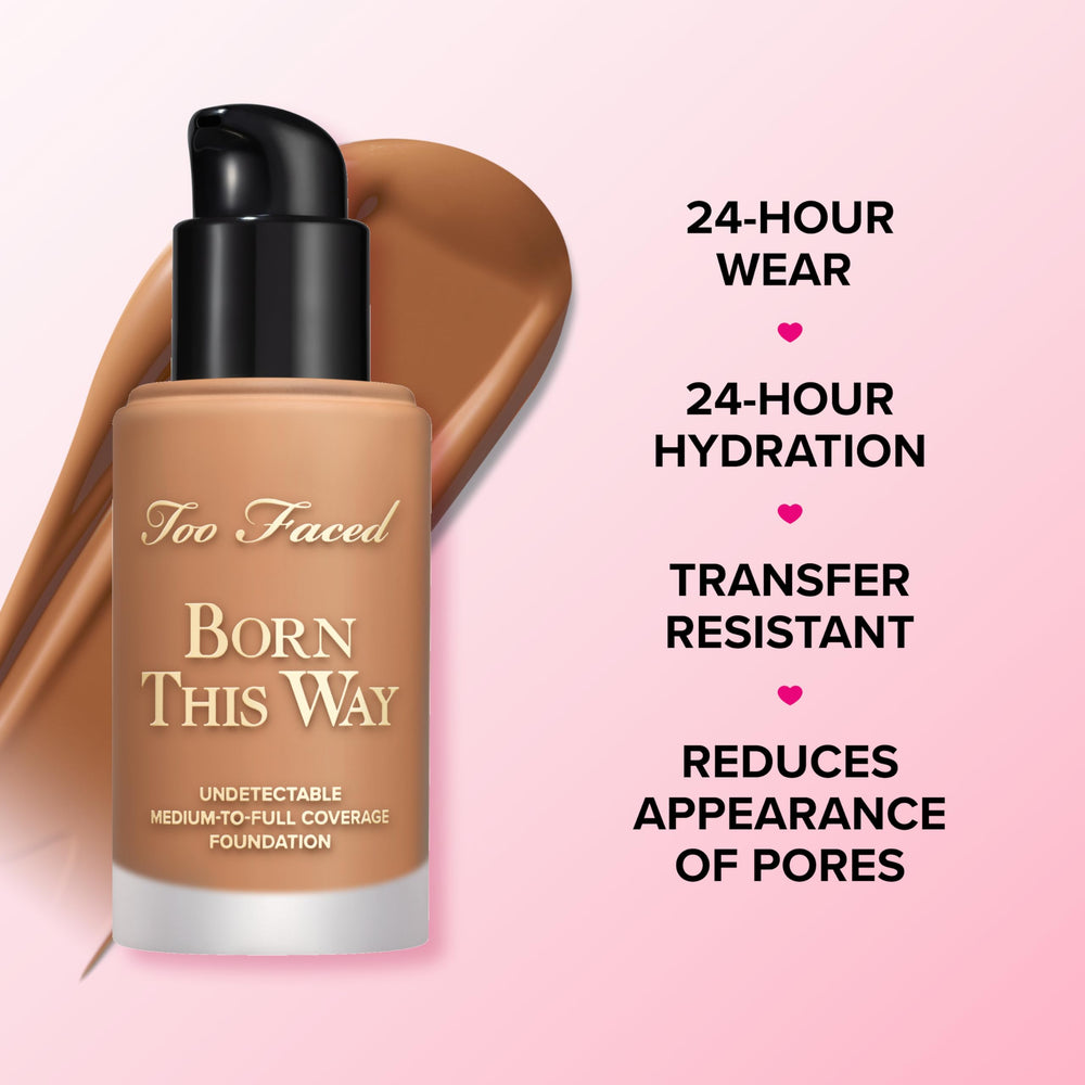Too Faced Born This Way skin-tone swatch shows vegan, cruelty-free formula.