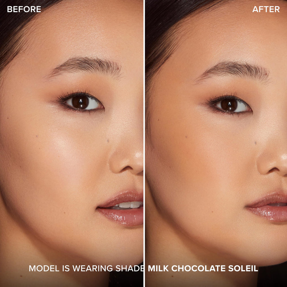 Bronzer brush applying buildable color to cheekbone