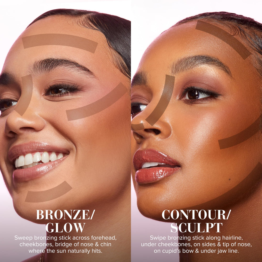 Too Faced Chocolate Soleil Melting Bronzer Stick satin-finish texture seen up close on skin.