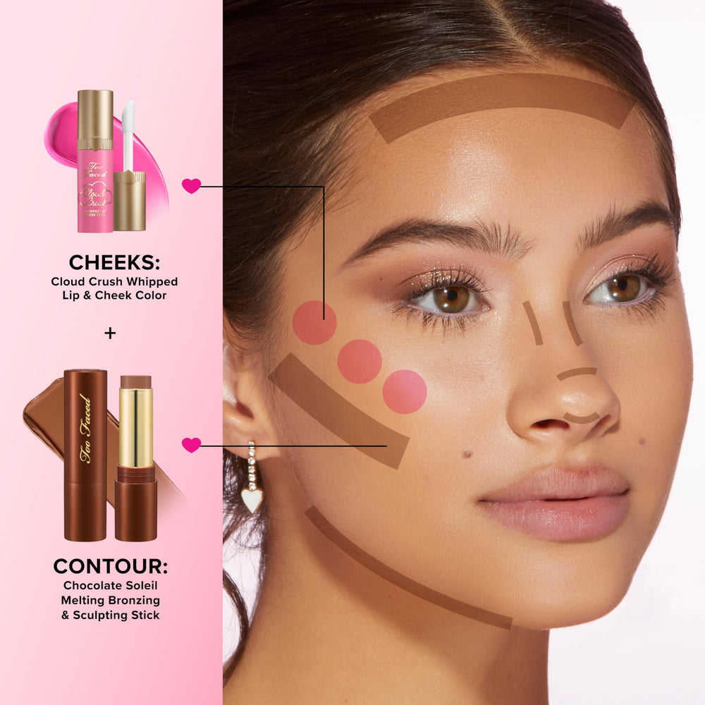 Too Faced Chocolate Soleil Melting Bronzer Stick applied to nose for soft definition.