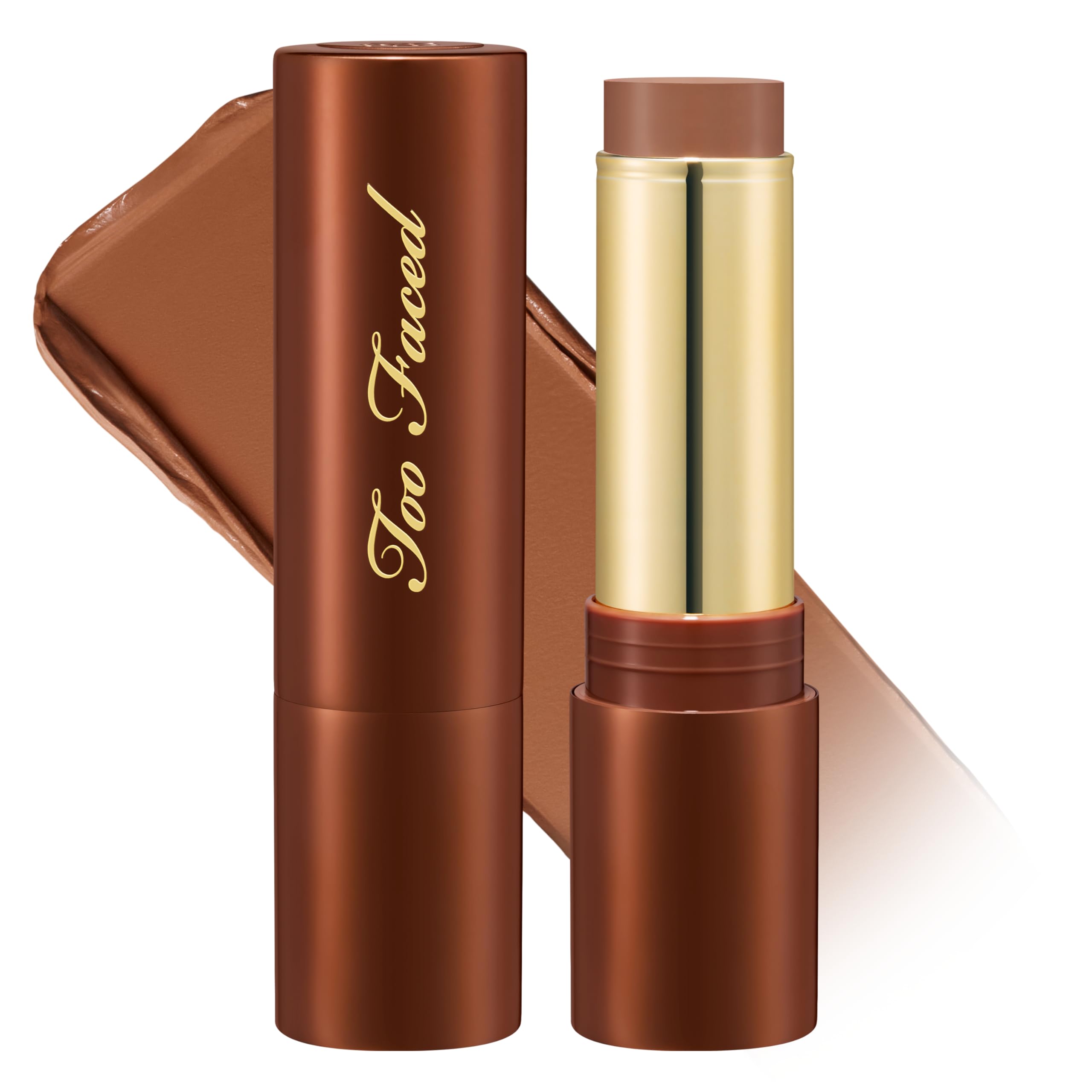 Too Faced Chocolate Soleil Melting Bronzer Stick packaging close-up for portable warmth.