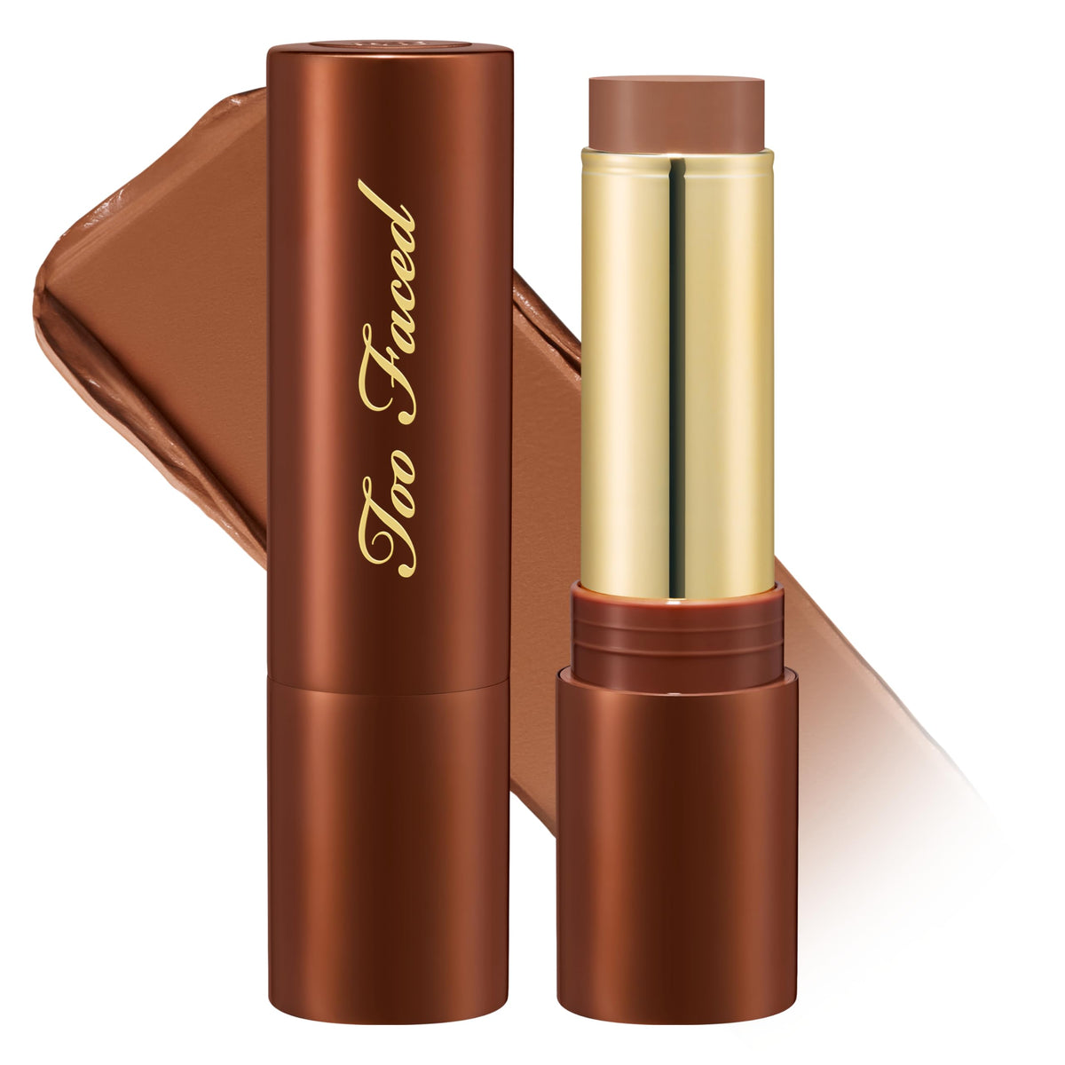 Too Faced Chocolate Soleil Melting Bronzer Stick packaging close-up for portable warmth.