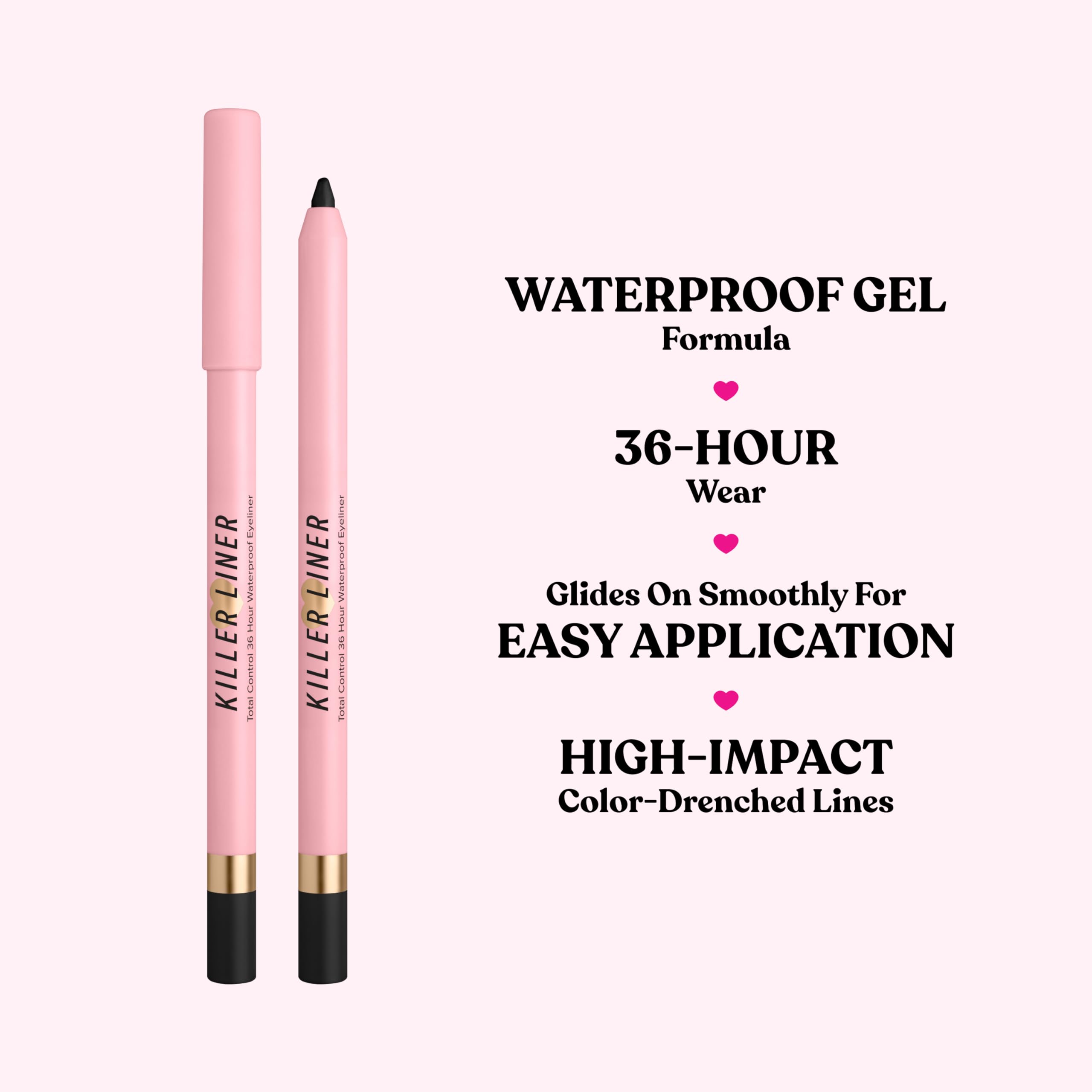Too Faced Killer Liner waterproof-formula swatch on skin demonstrates smudge-proof hold.