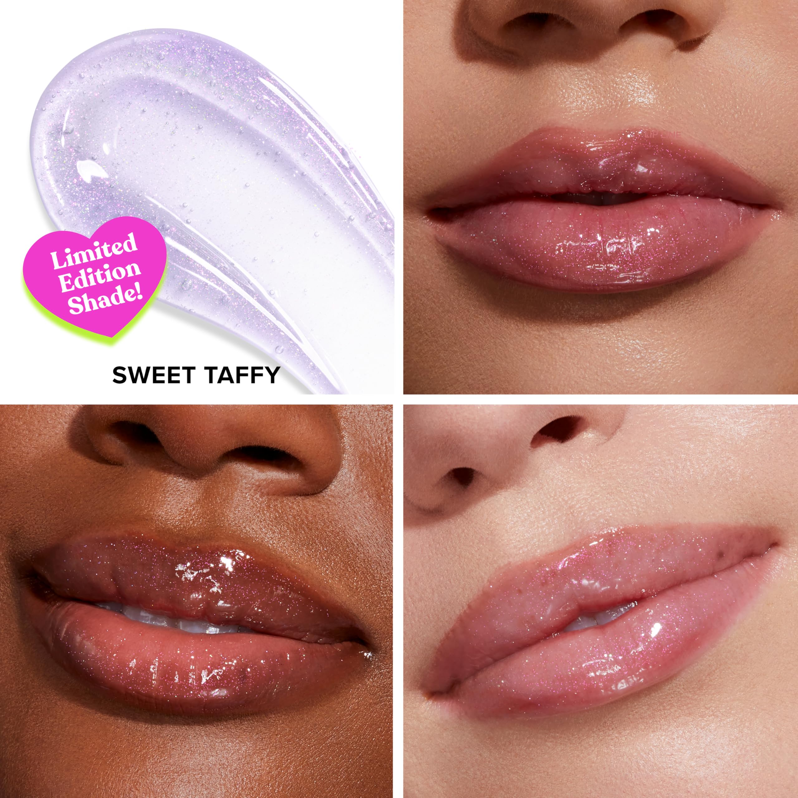 Too Faced Kissing Jelly Ornament lip application demonstrates instant moisture and shine.