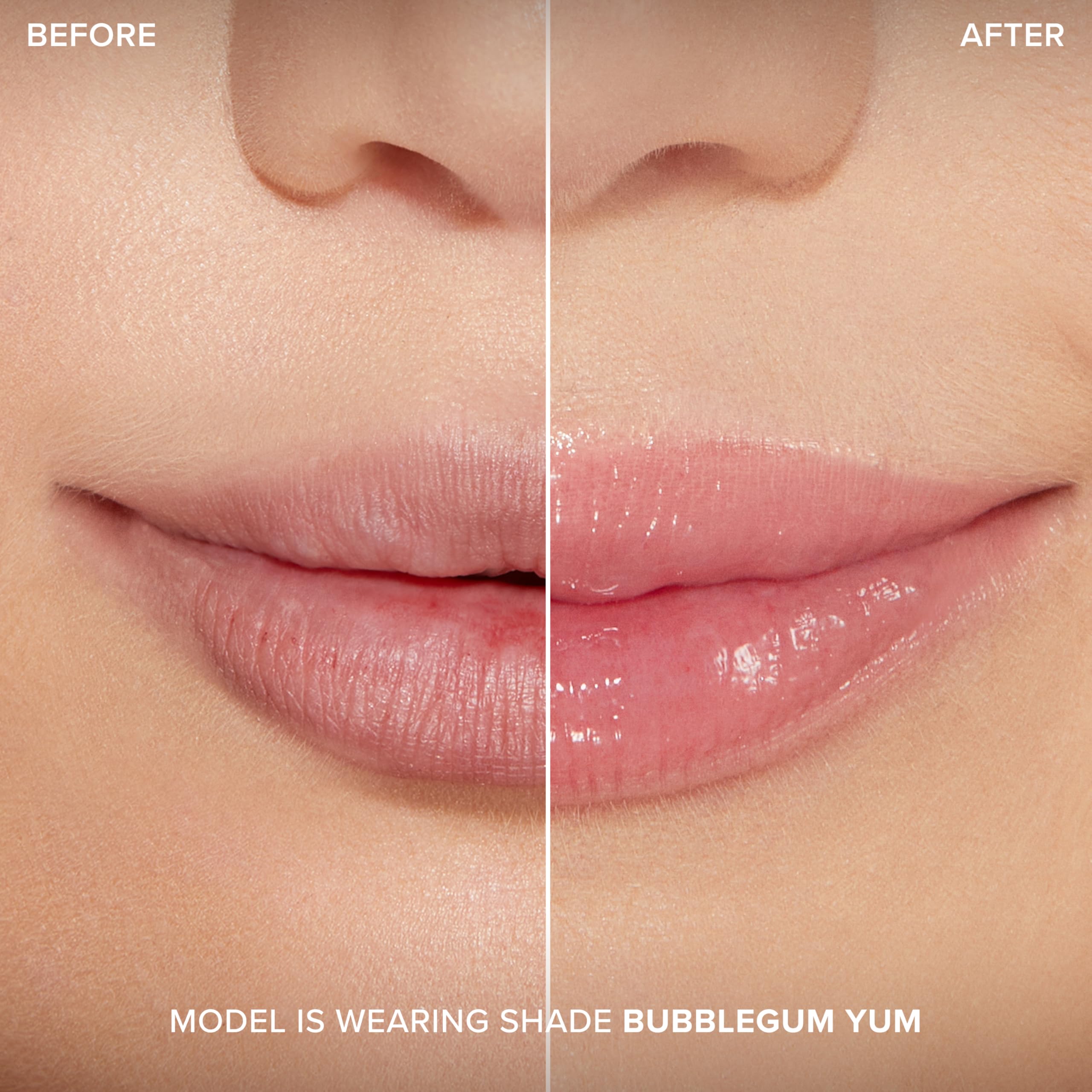 Too Faced Lip Injection Extreme Bubblegum Yum cruelty-free gloss on bare lips.