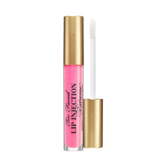 Too Faced Lip Injection Extreme Bubblegum Yum gloss application showing immediate fullness and glossy shine.