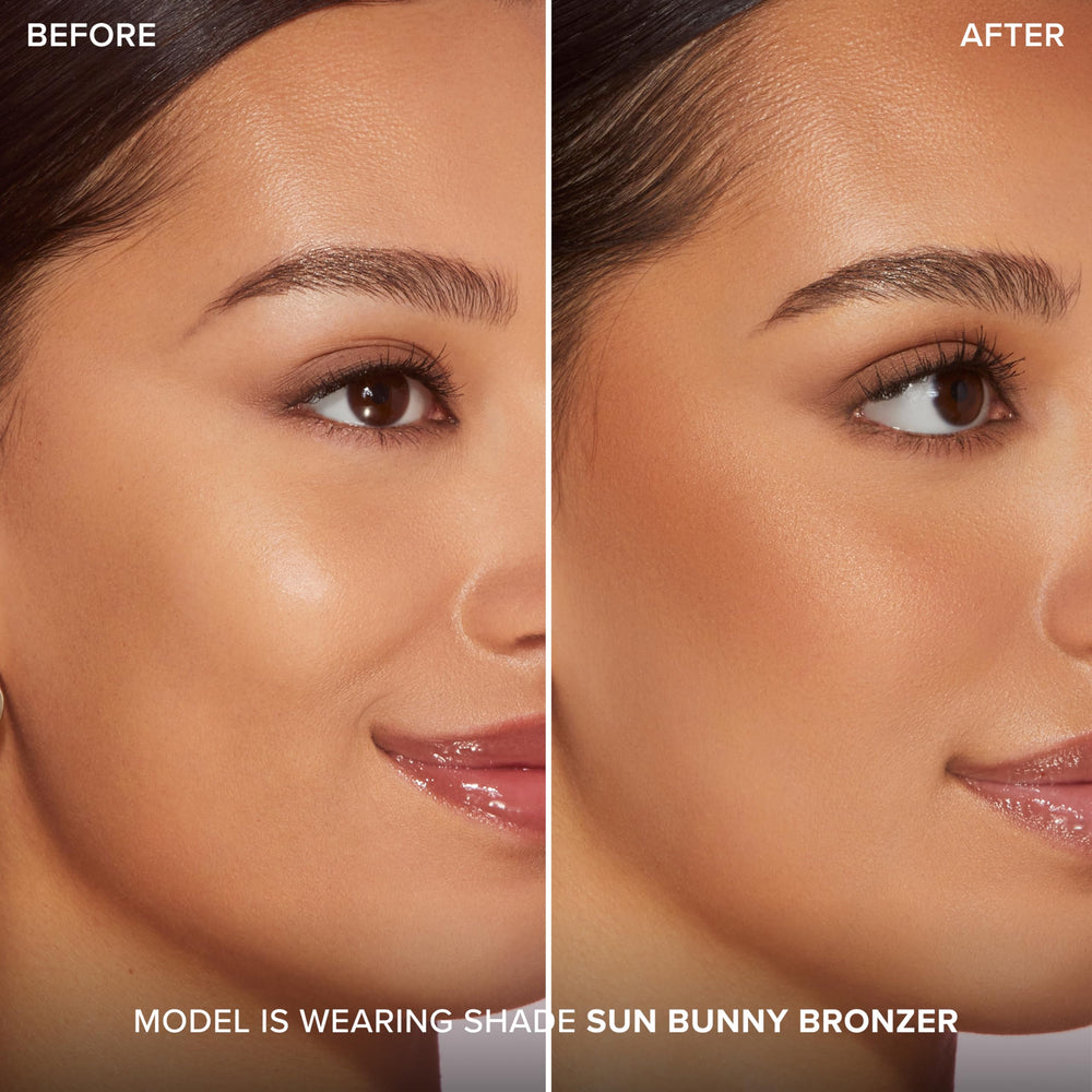 Too Faced Sun Bunny Bronzer application swirls demonstrate buildable glow on cheeks.