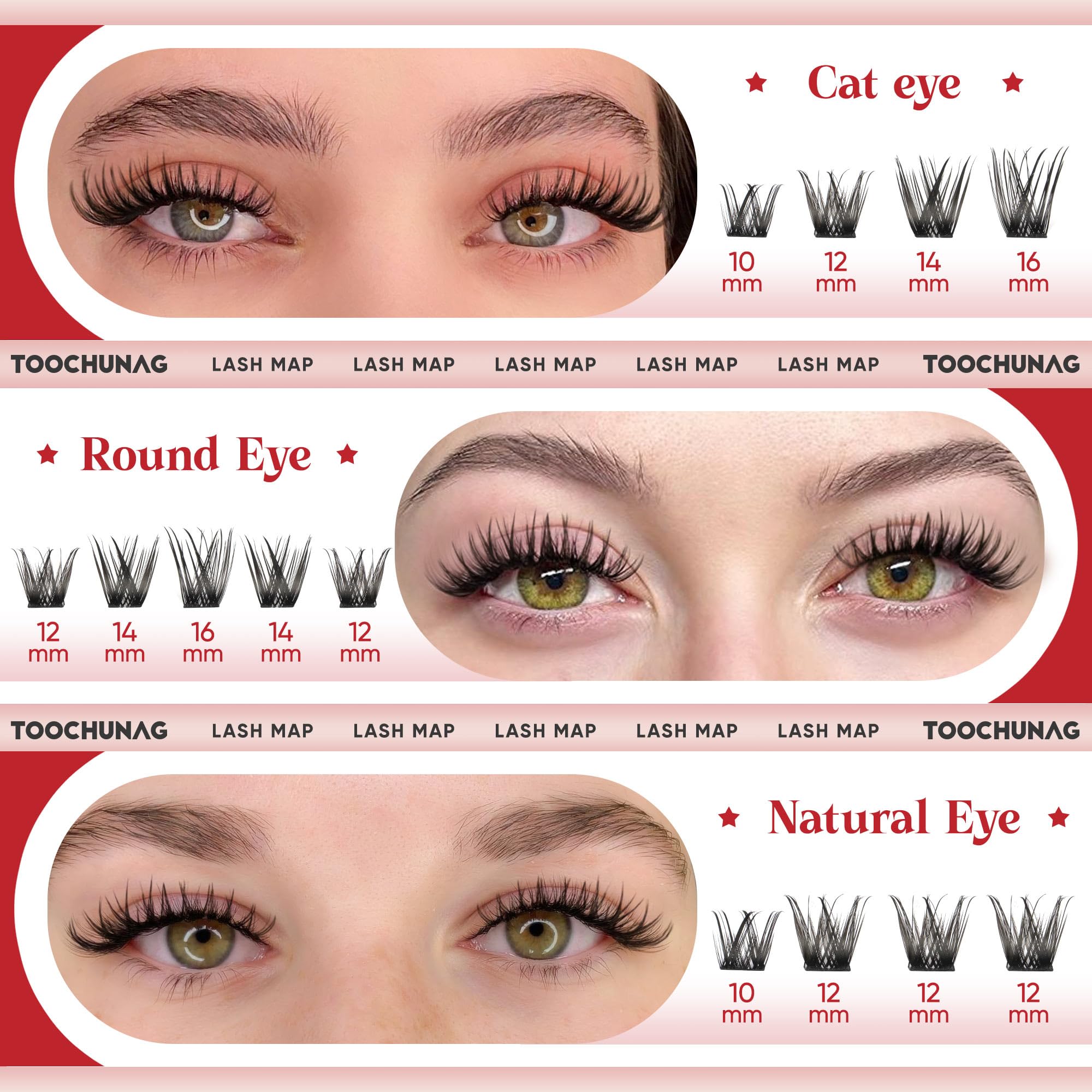 TOOCHUNAG 10-16mm fit clusters adaptable to most lashes