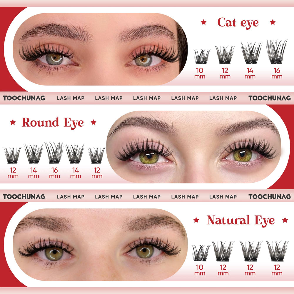 TOOCHUNAG 10-16mm fit clusters adaptable to most lashes