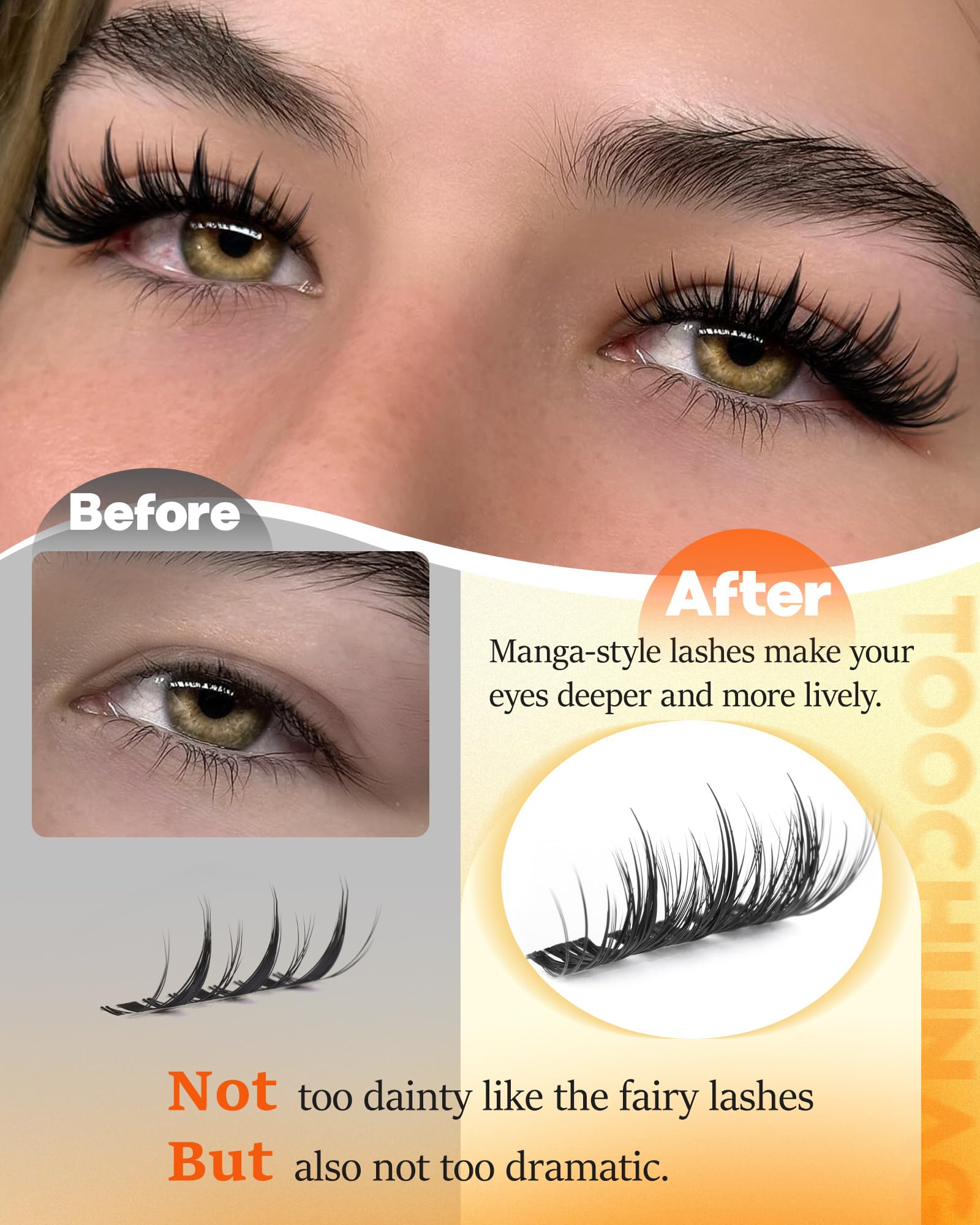 TOOCHUNAG D-curly lash clusters 12–20mm provide versatile, eye-enhancing look.