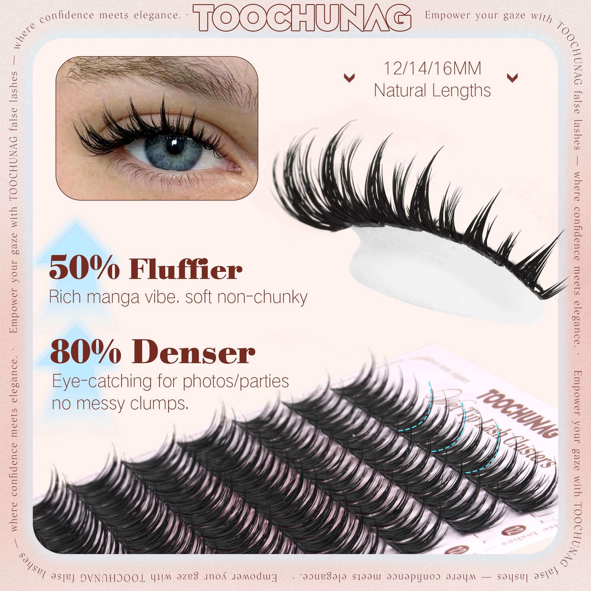 Close-up of TOOCHUNAG D‑curl spike manga lash clusters for lift.
