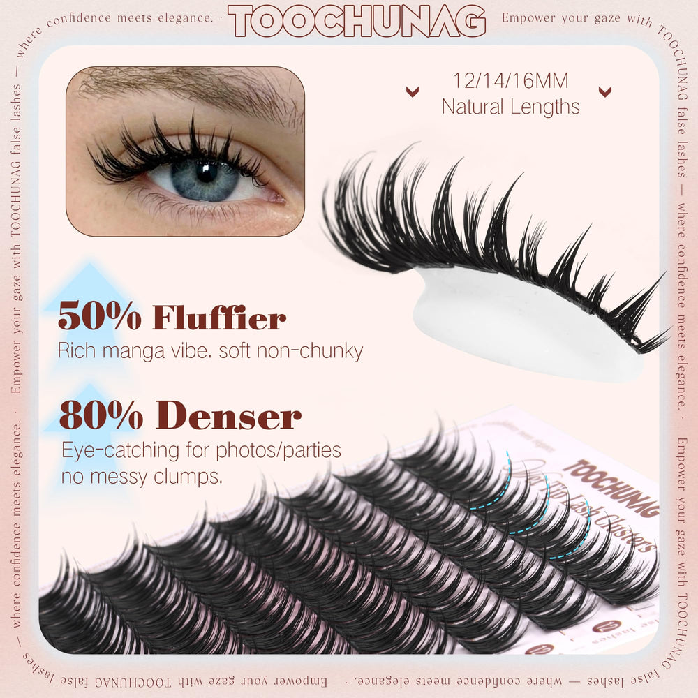 Close-up of TOOCHUNAG D‑curl spike manga lash clusters for lift.