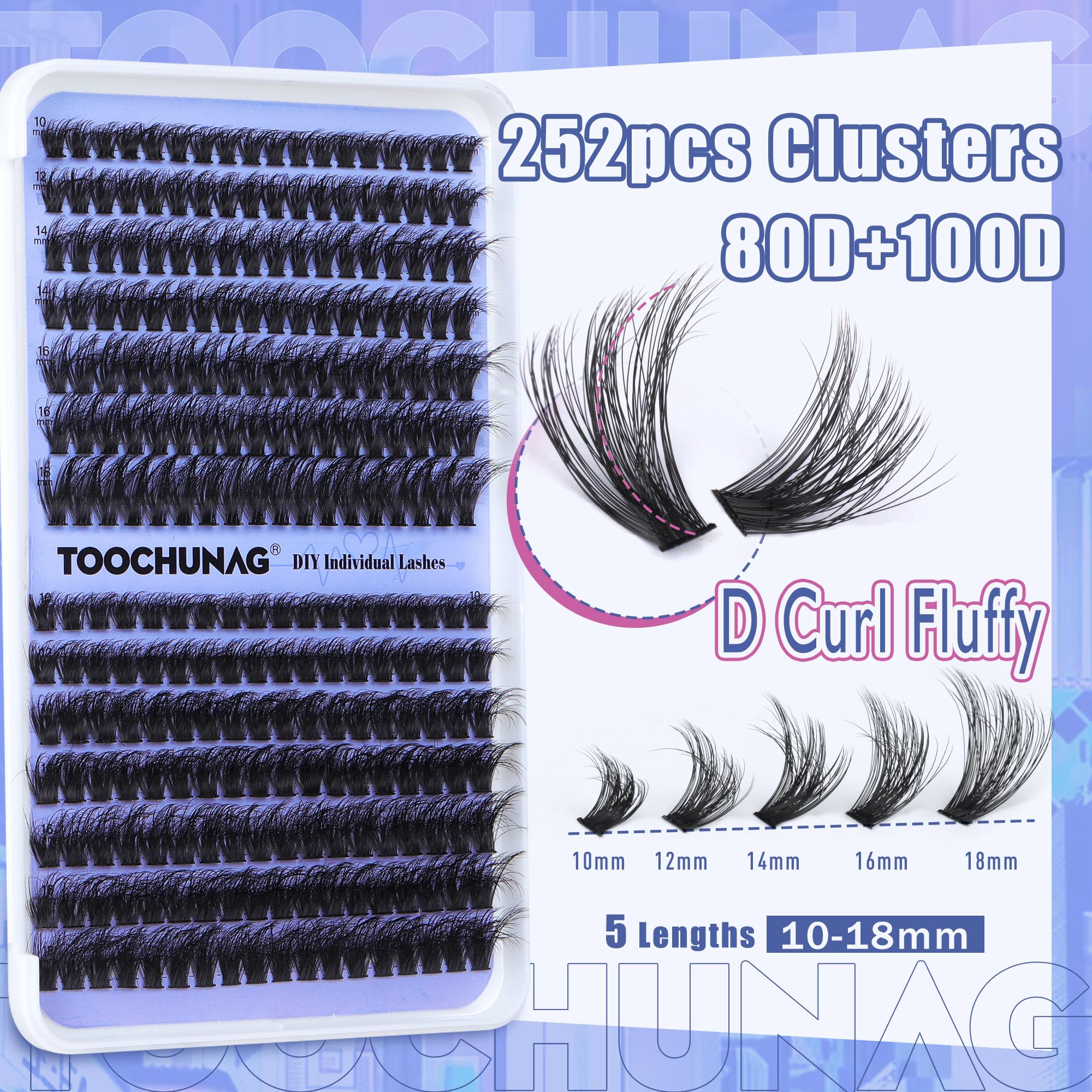 TOOCHUNAG lash clusters in natural five-length options from 10mm to 18mm.