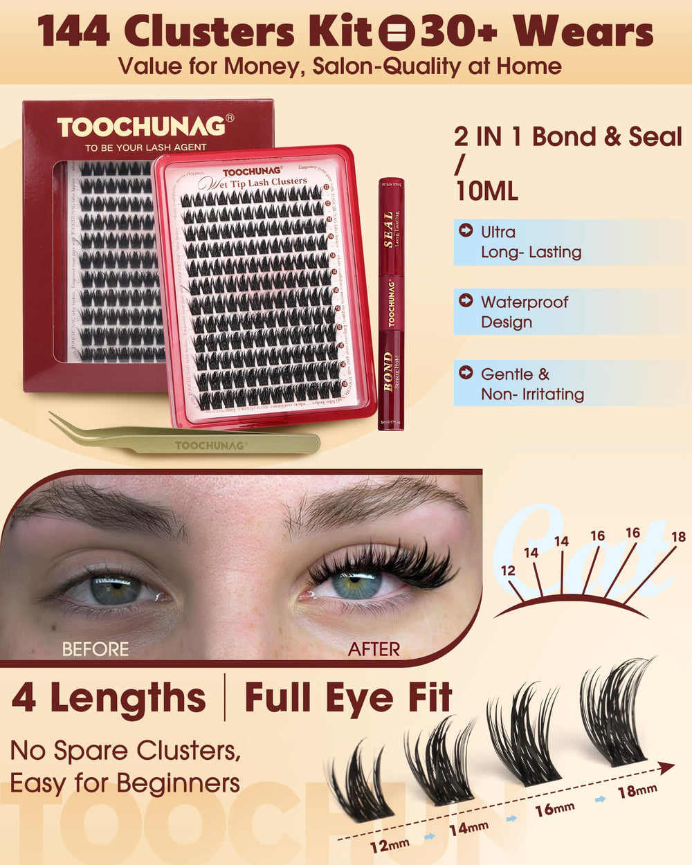 TOOCHUNAG lash bond seal and tweezers included for secure precise placement