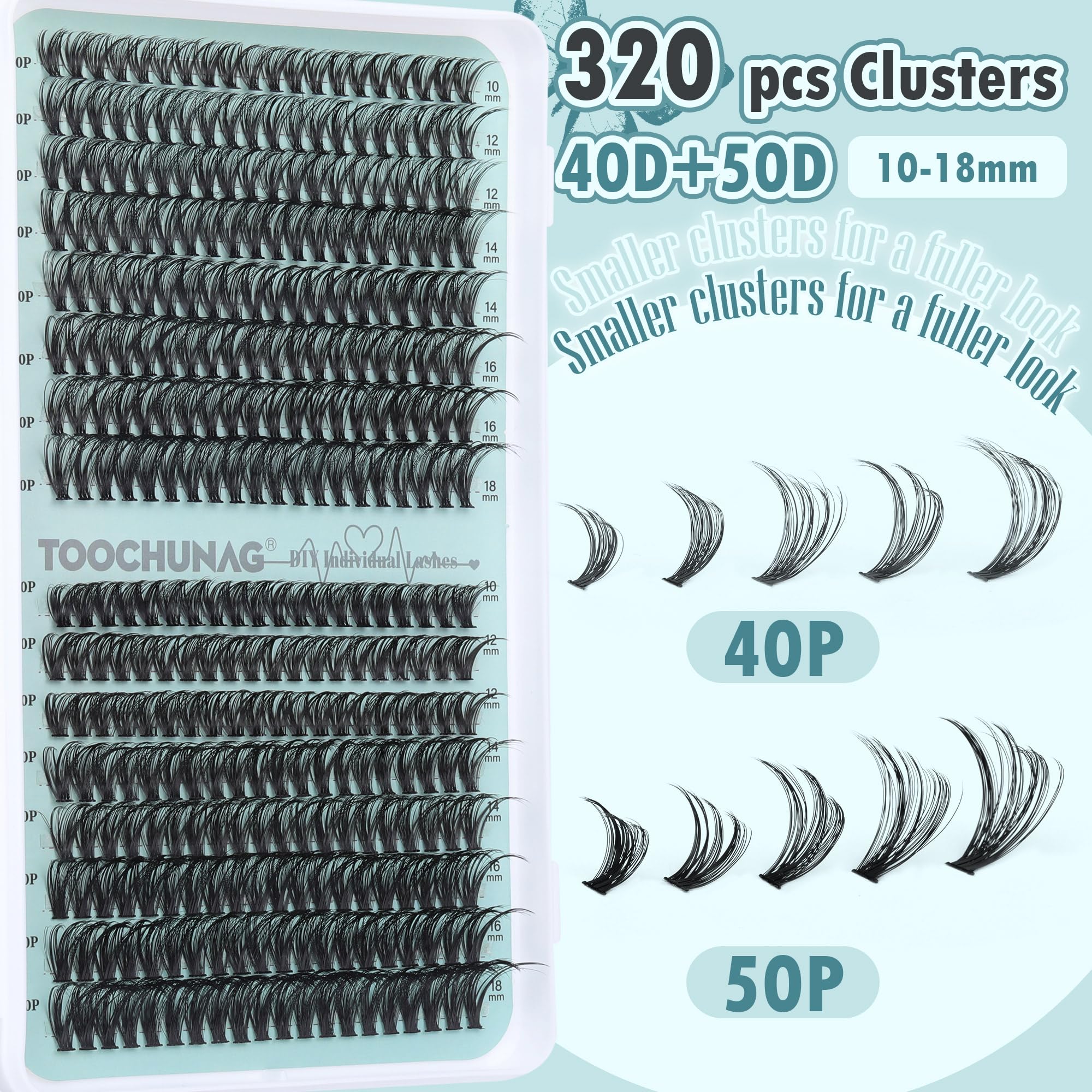 TOOCHUNAG lash clusters in 10–18mm range for natural customization