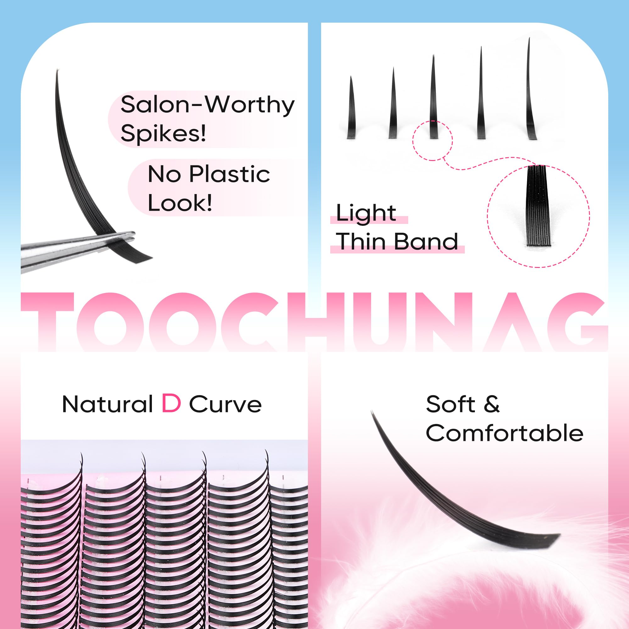 TOOCHUNAG Lash Spikes 13mm soft-feathery clusters for natural layering.