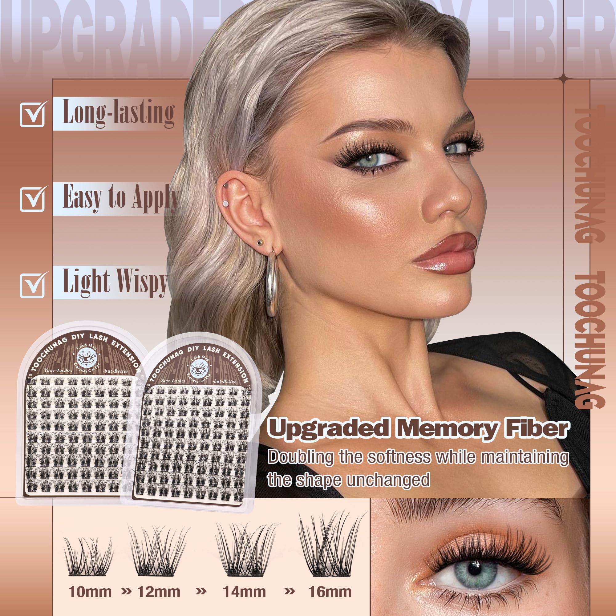 TOOCHUNAG natural lash clusters 12mm D-Curl for balanced flutter