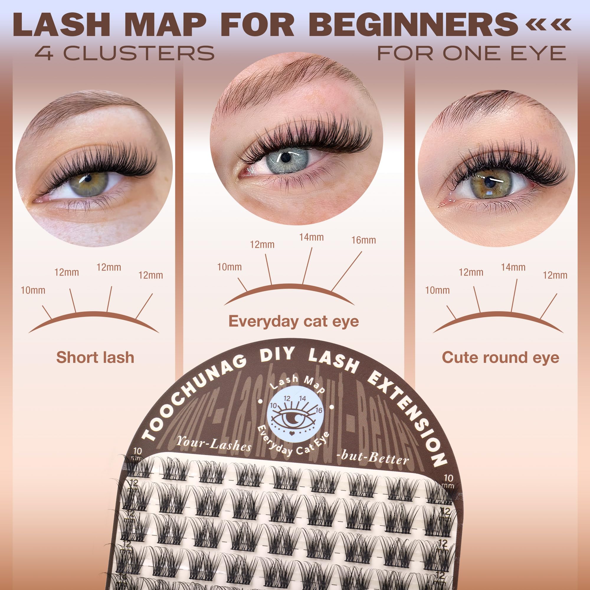 TOOCHUNAG natural lash clusters 14mm D-Curl for defined lash line
