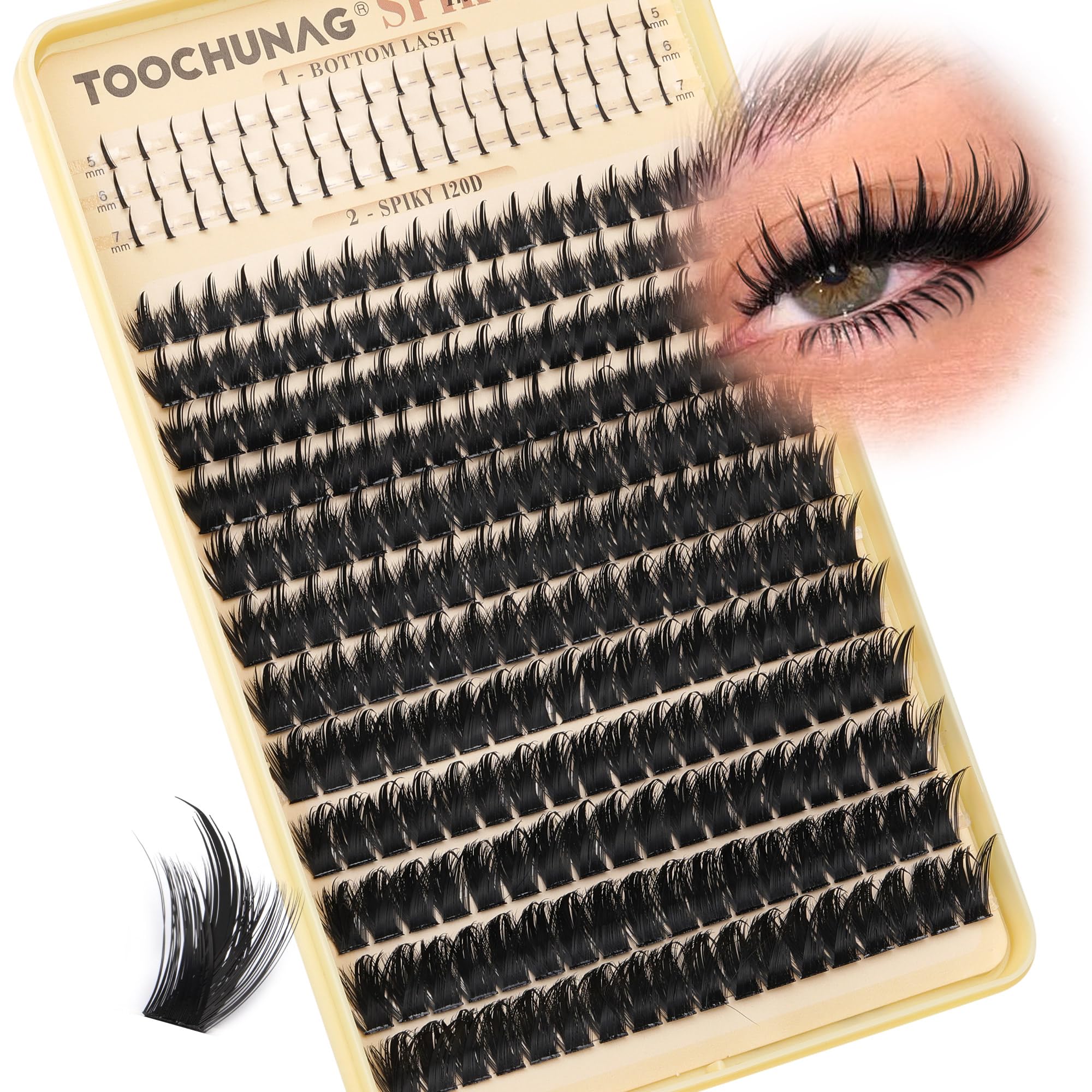TOOCHUNAG spikes lash clusters 120D offer dramatic volume with a feathery spike silhouette.