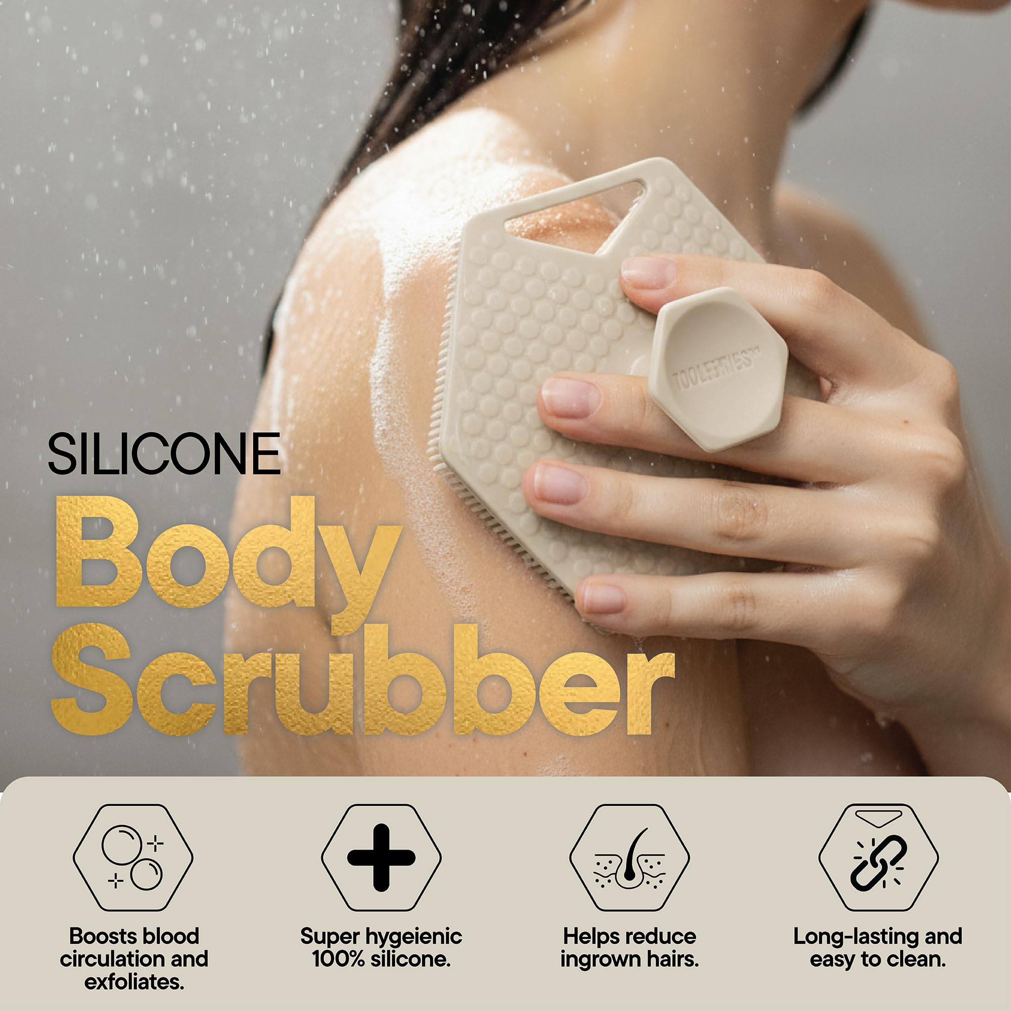 TOOLETRIES exfoliador corporal 2.0 tamaño compacto para viaje y ahorro de espacio.