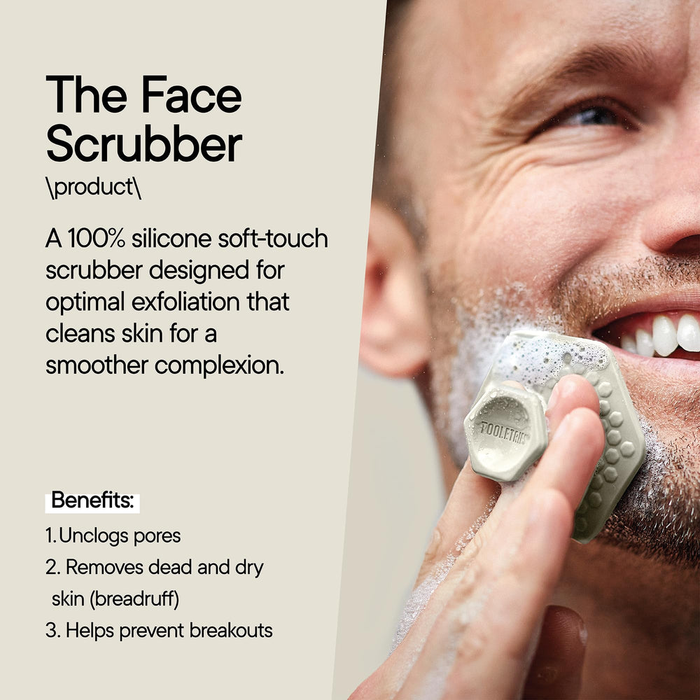 TOOLETRIES Men’s Face Scrubber used during wash for exfoliation and a refreshed complexion.