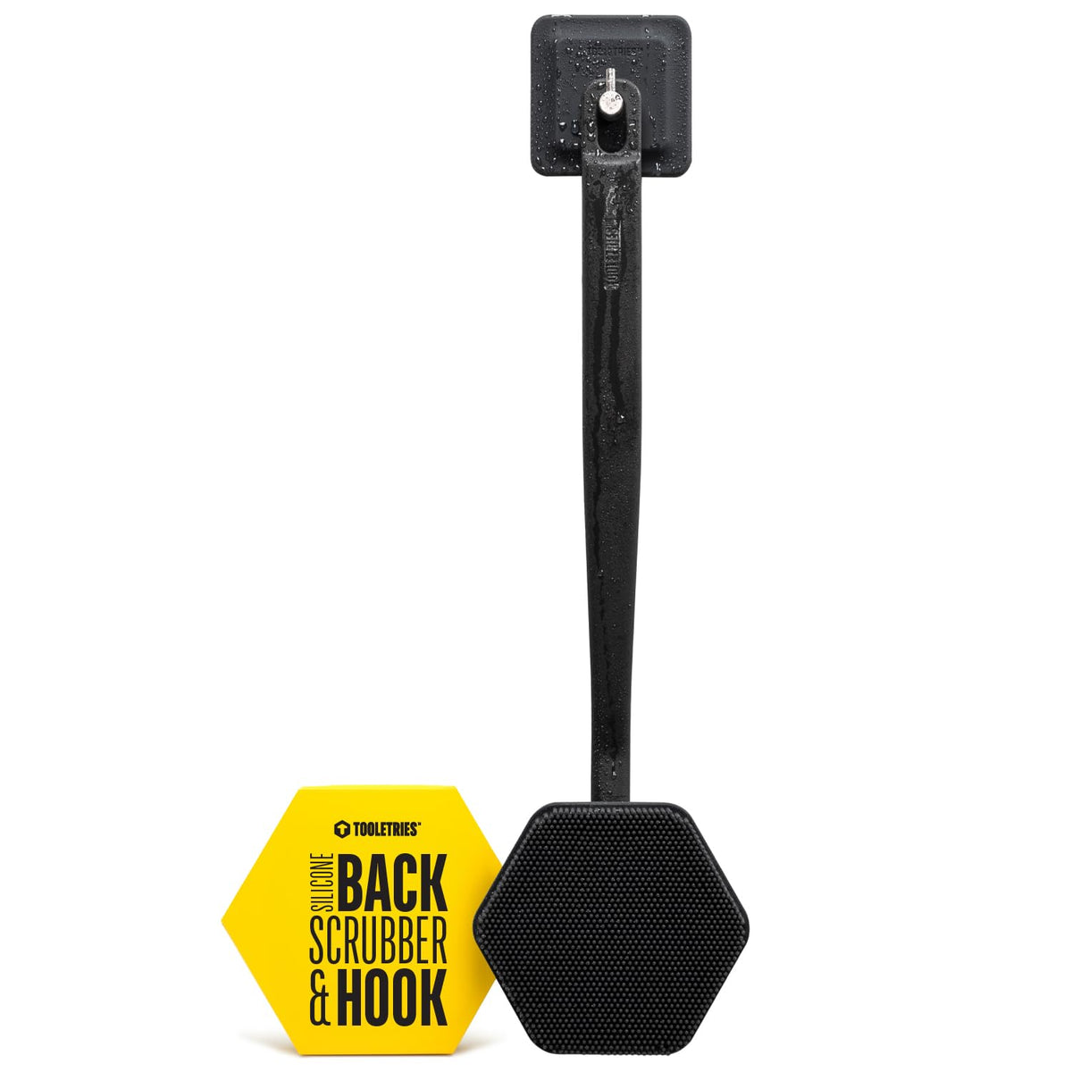 TOOLETRIES silicone back scrubber with hook, charcoal, for easy reach across the back.