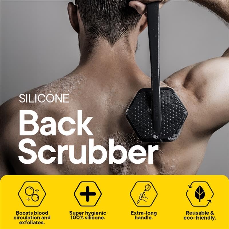 TOOLETRIES back scrubber compact dimensions for shower storage.