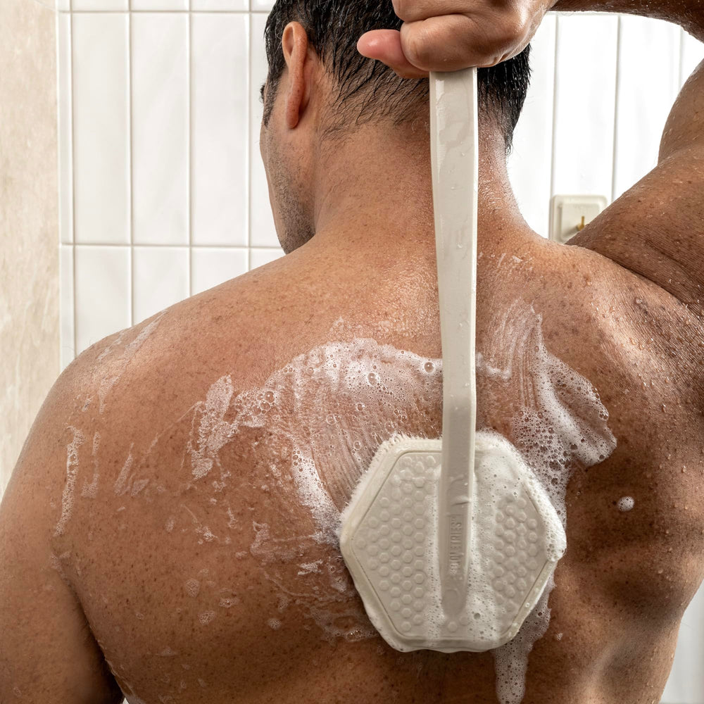 TOOLETRIES silicone back scrubber dimensions 39.9 cm by 11.4 cm by 3.8 cm for compact storage