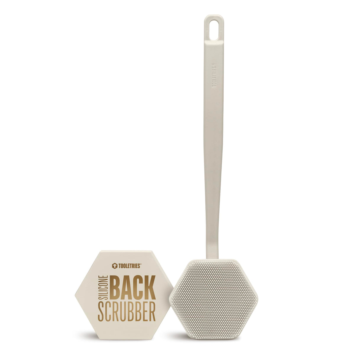 TOOLETRIES silicone back scrubber front view showing extended reach for thorough cleansing