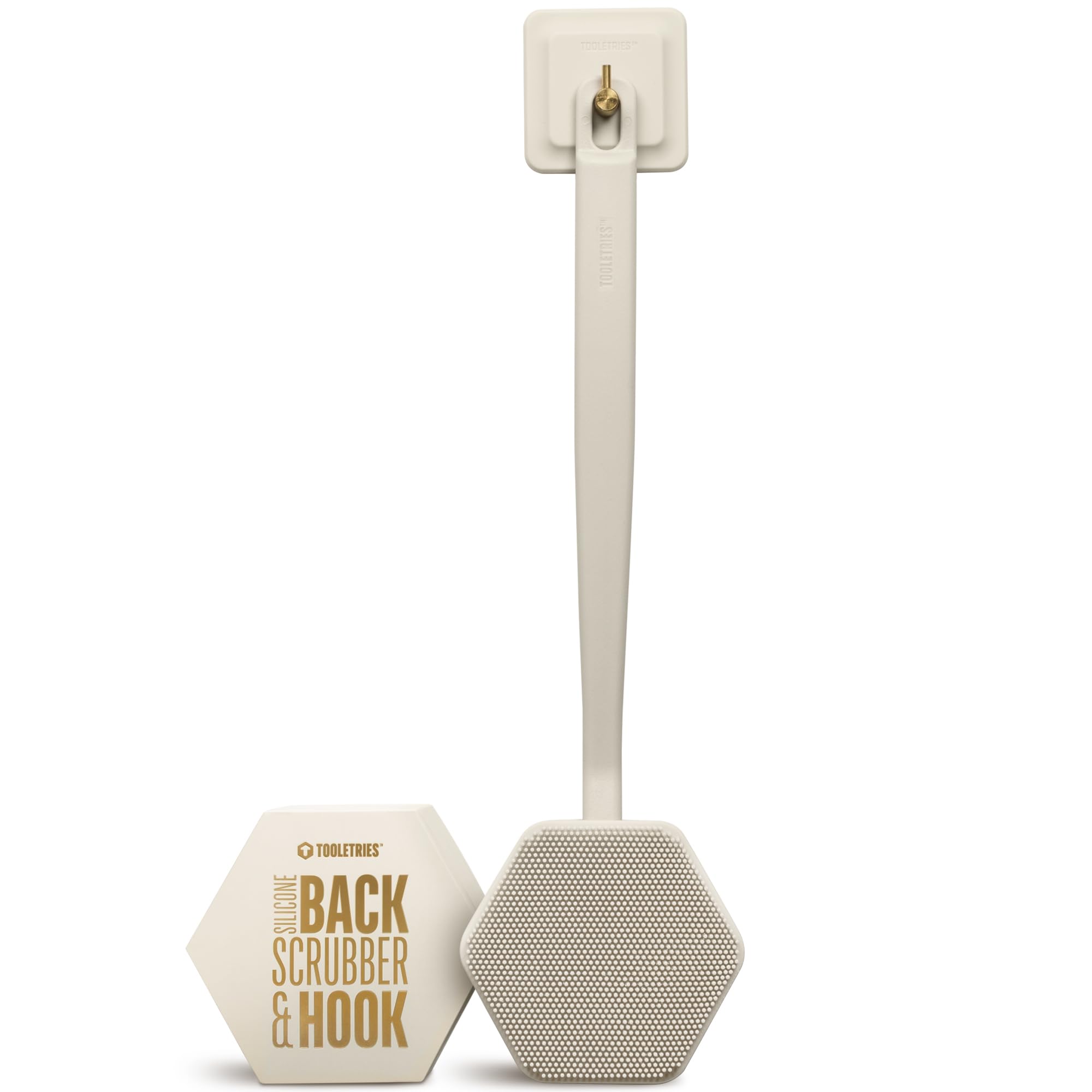 TOOLETRIES silicone back scrubber with hook close-up showing exfoliating bristles.