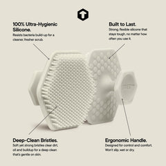 TOOLETRIES silicone face scrubber in shower demonstrates durable design for long-lasting cleansing.