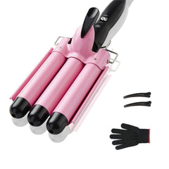 Top4Ever 3 Barrel Curling Iron creating beachy waves with a glossy finish