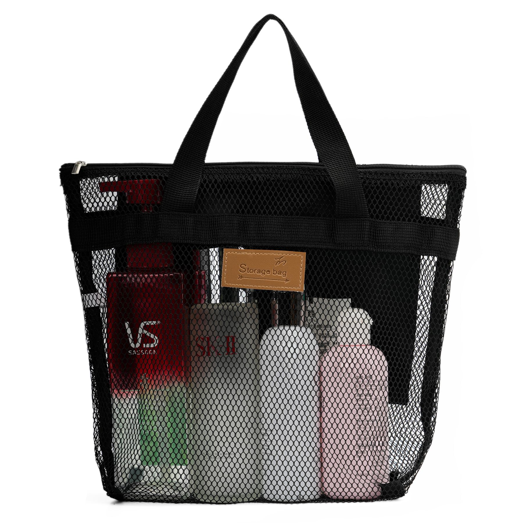 TOPASION mesh shower caddy bag on door keeps toiletries organized while traveling.