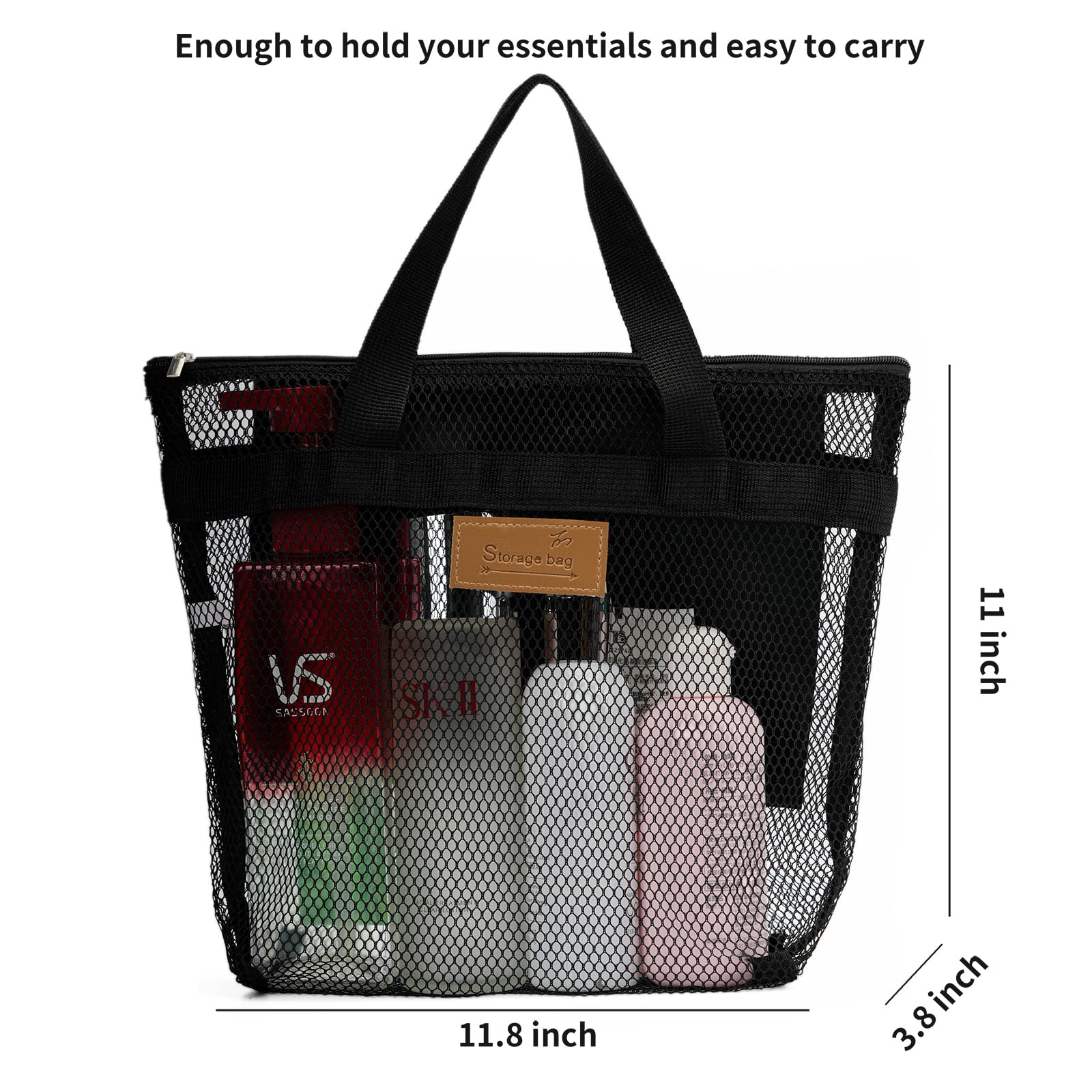 TOPASION mesh shower caddy bag reinforced zipper for durability.