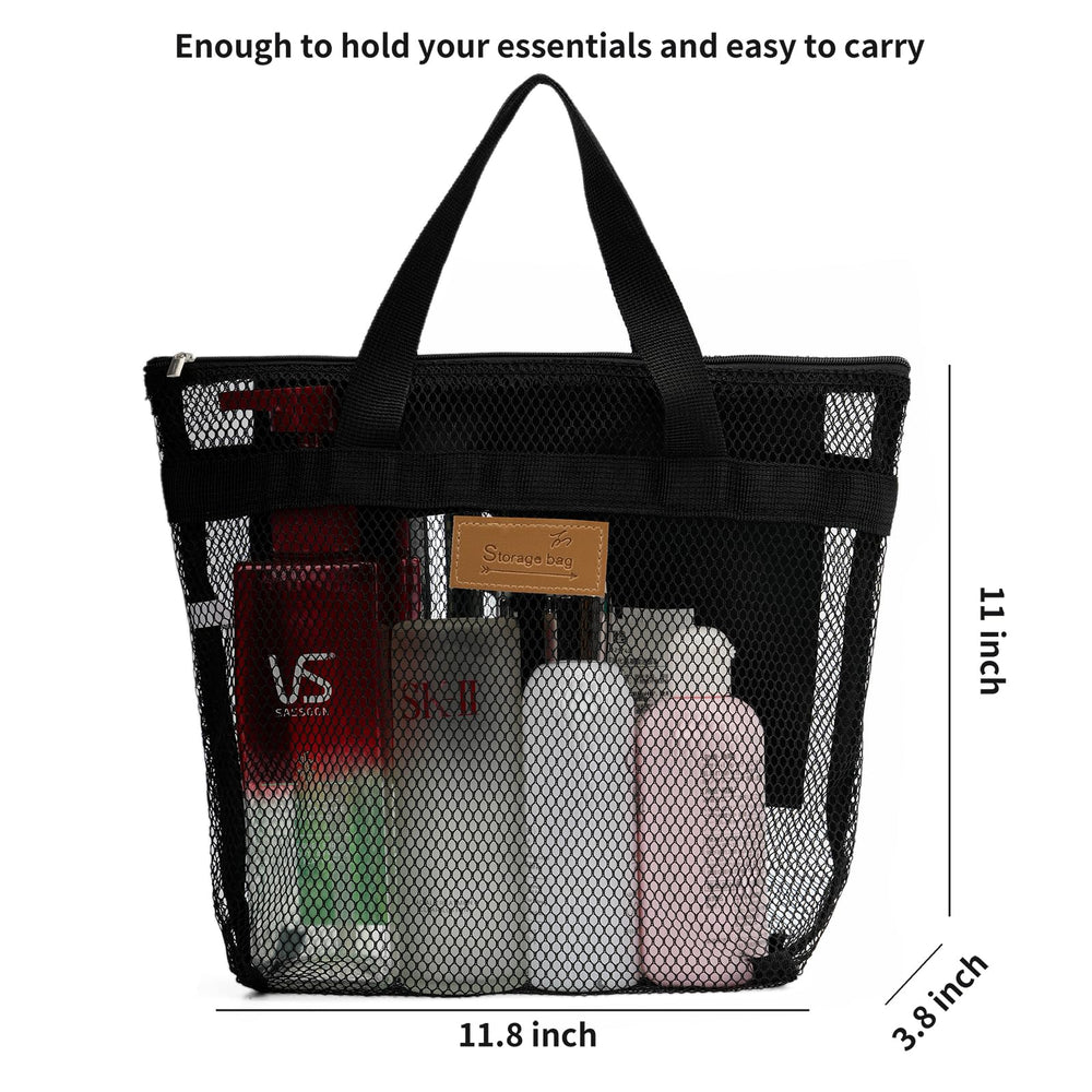 TOPASION mesh shower caddy bag reinforced zipper for durability.