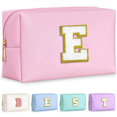 TOPEAST Pink E initial makeup bag front view, ideal for organized travel