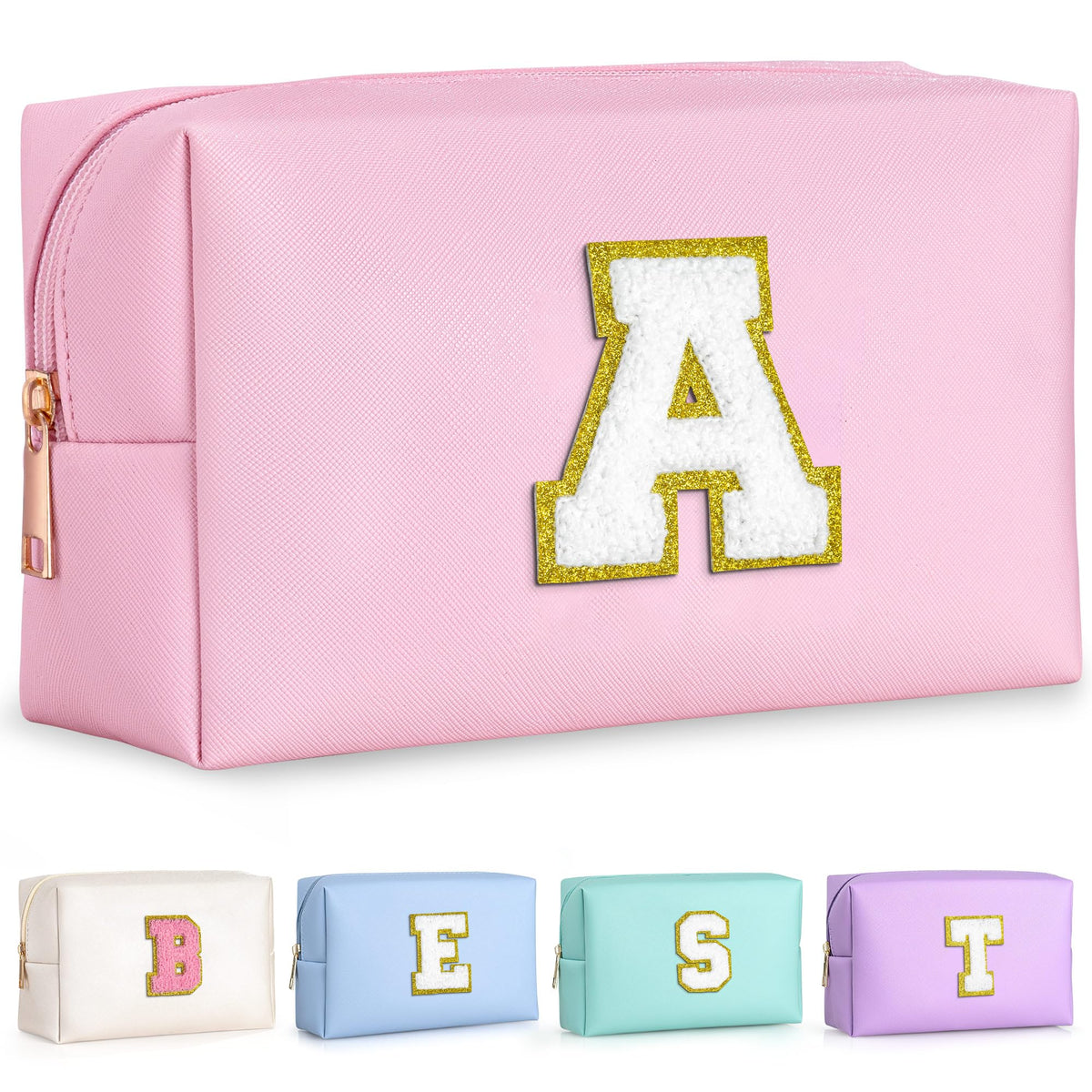 TOPEAST initial makeup bag pink-a with glitter patch keeps cosmetics organized on the go