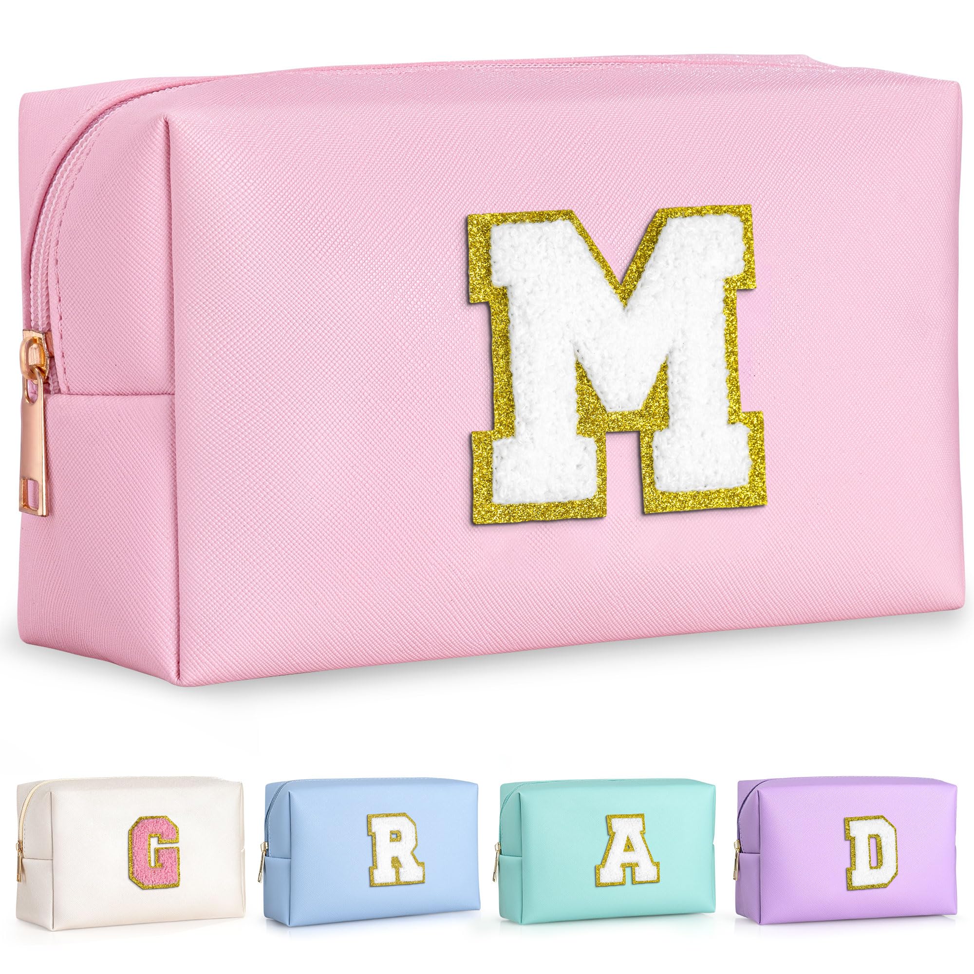 TOPEAST pink initial cosmetic bag front view, compact travel companion.