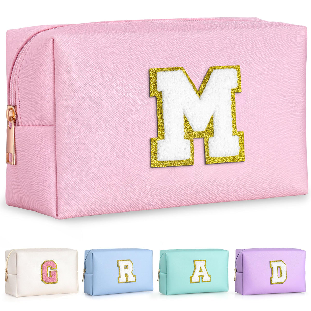 TOPEAST pink initial cosmetic bag front view, compact travel companion.