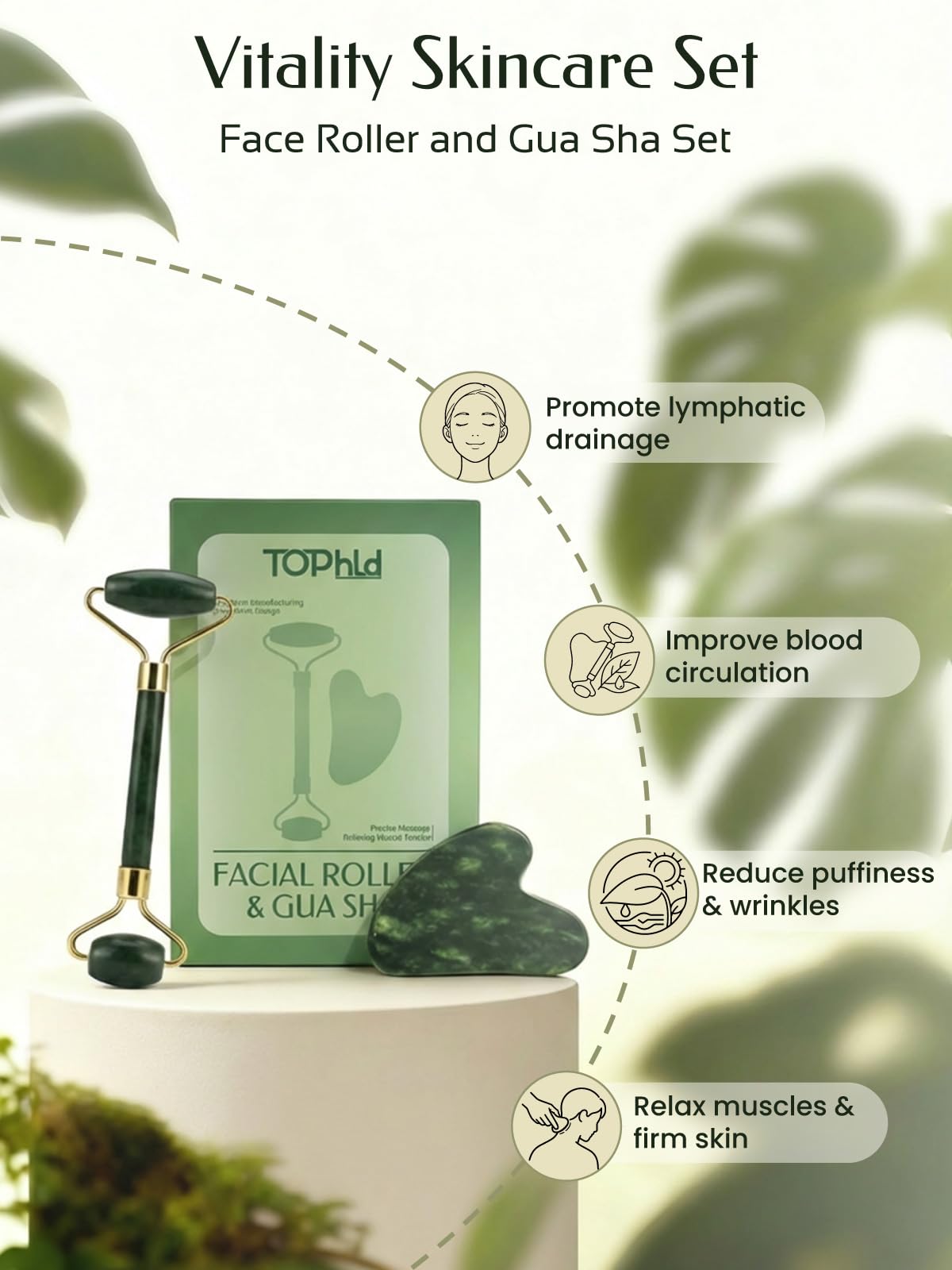 Tophld jade roller close-up with uniform color and lustrous surface for improved circulation.