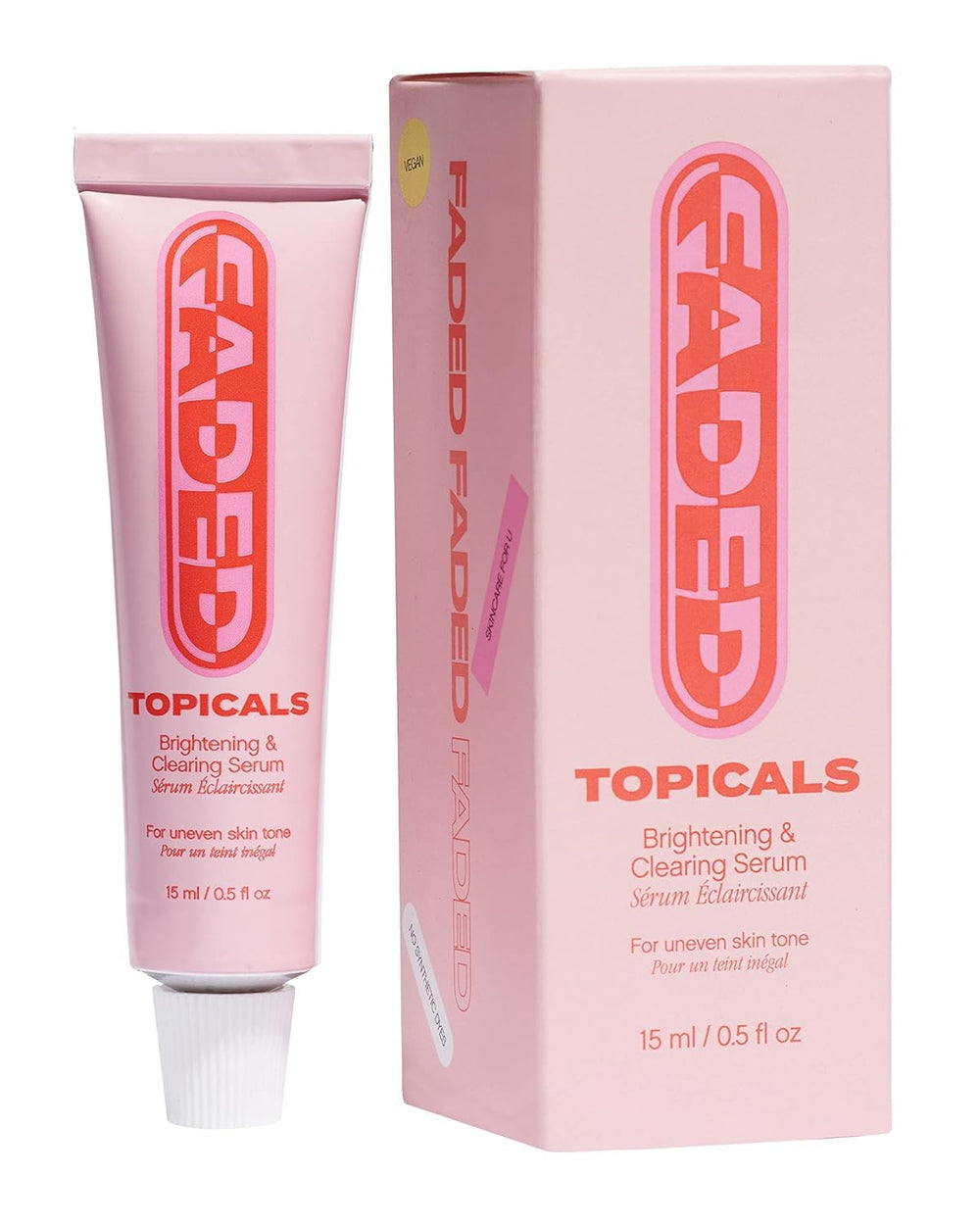 Topicals Faded serum bottle shows sleek packaging for even skin tone