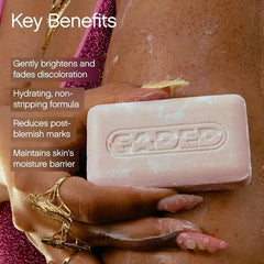 Back of Topicals Faded cleansing bar packaging shows vegan and fragrance-free benefits.