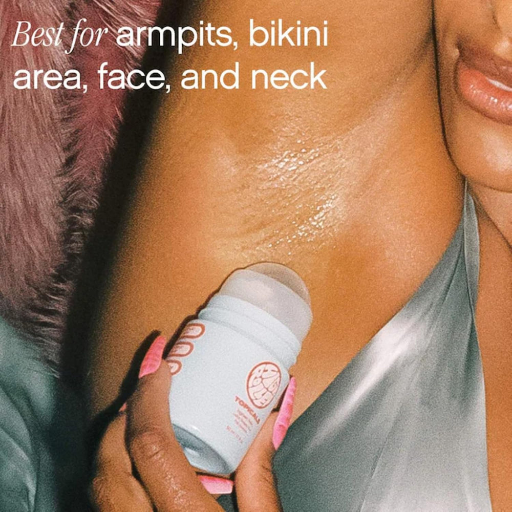 Topicals High Roller packaging front presents clean, hygienic roll-on for rapid application.