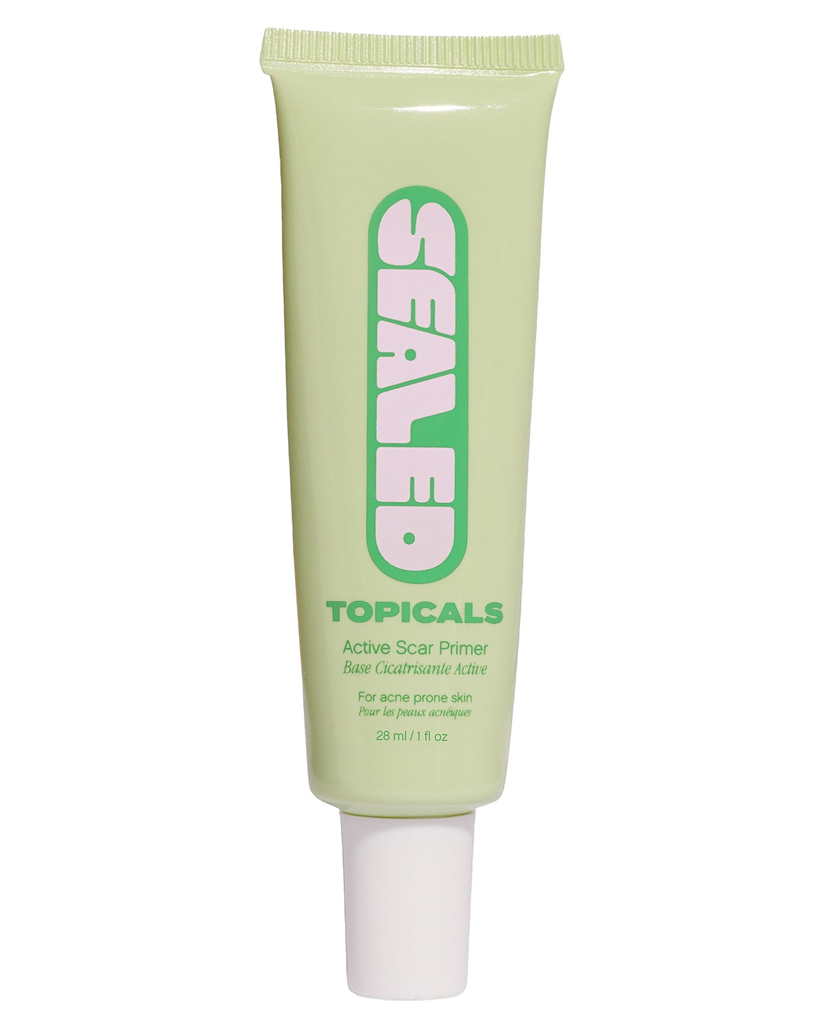 Topicals Sealed active scar filling primer bottle shows a silky, pore-blurring base for smoother skin