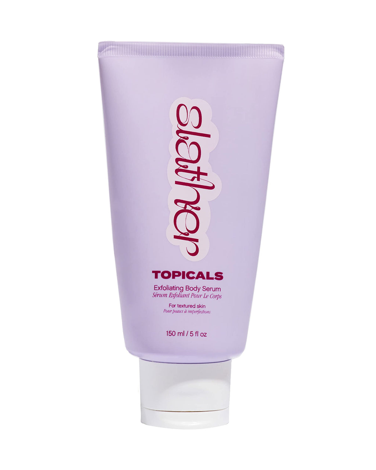 Topicals Slather exfoliating serum bottle front showing sleek packaging for smooth body skin