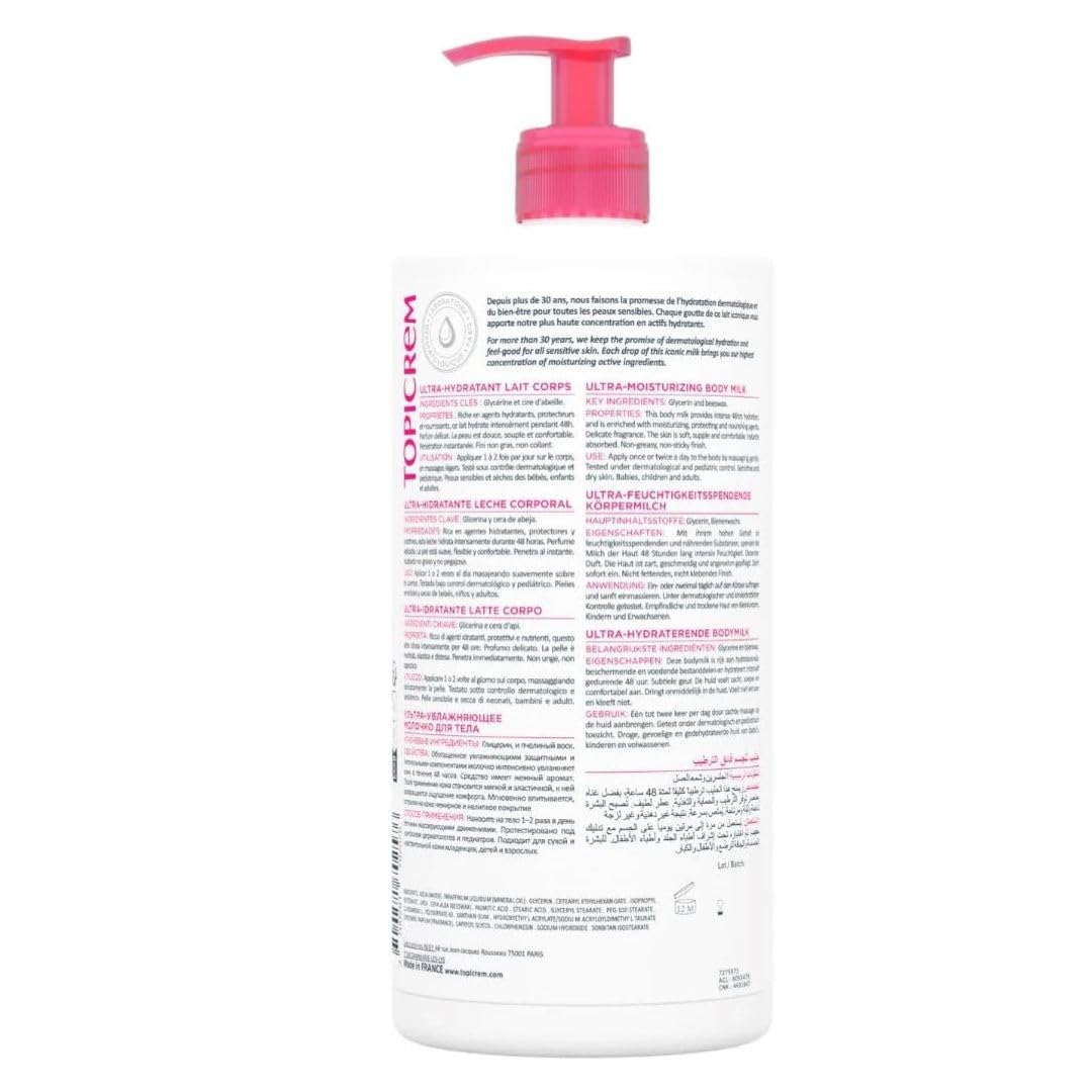 Topicrem ultra-moisturising body milk 500ml bottle, creamy texture for sensitive skin.