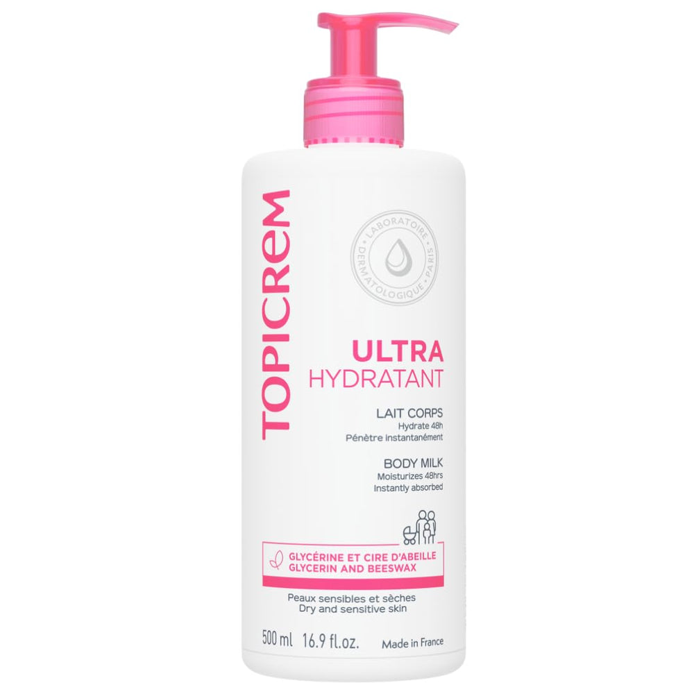 Topicrem ultra-moisturising body milk bottle with pump, quick absorption for dry skin.