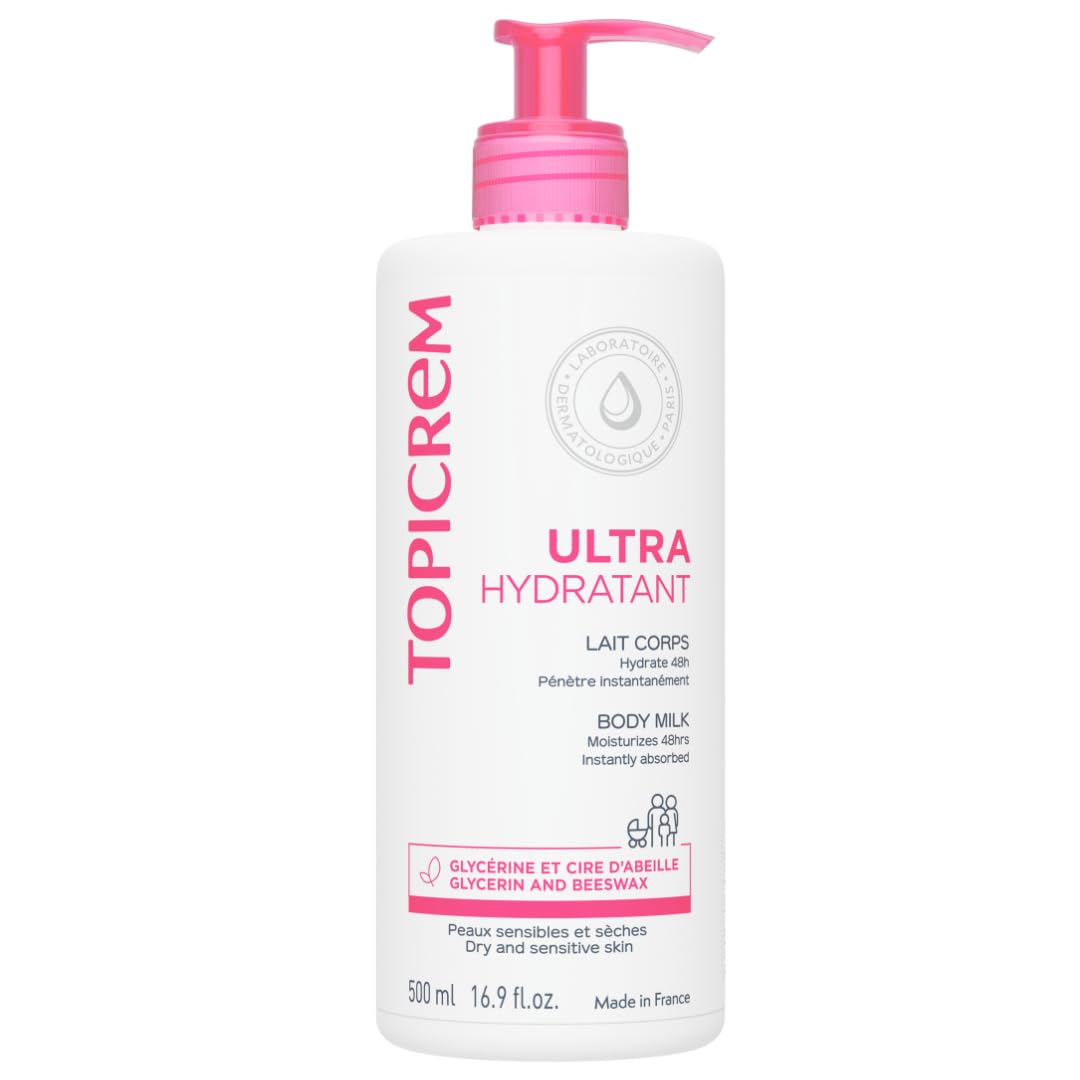 Topicrem ultra-moisturising body milk bottle with pump, quick absorption for dry skin.